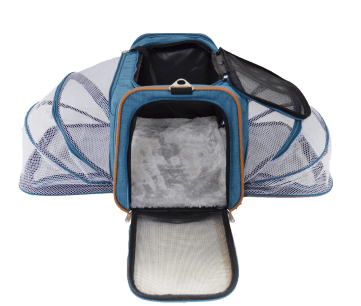 Bolsa Pet Expansível Transporte Cão e Gato Luxo - Meepets Foto de uma bolsa para pet azul